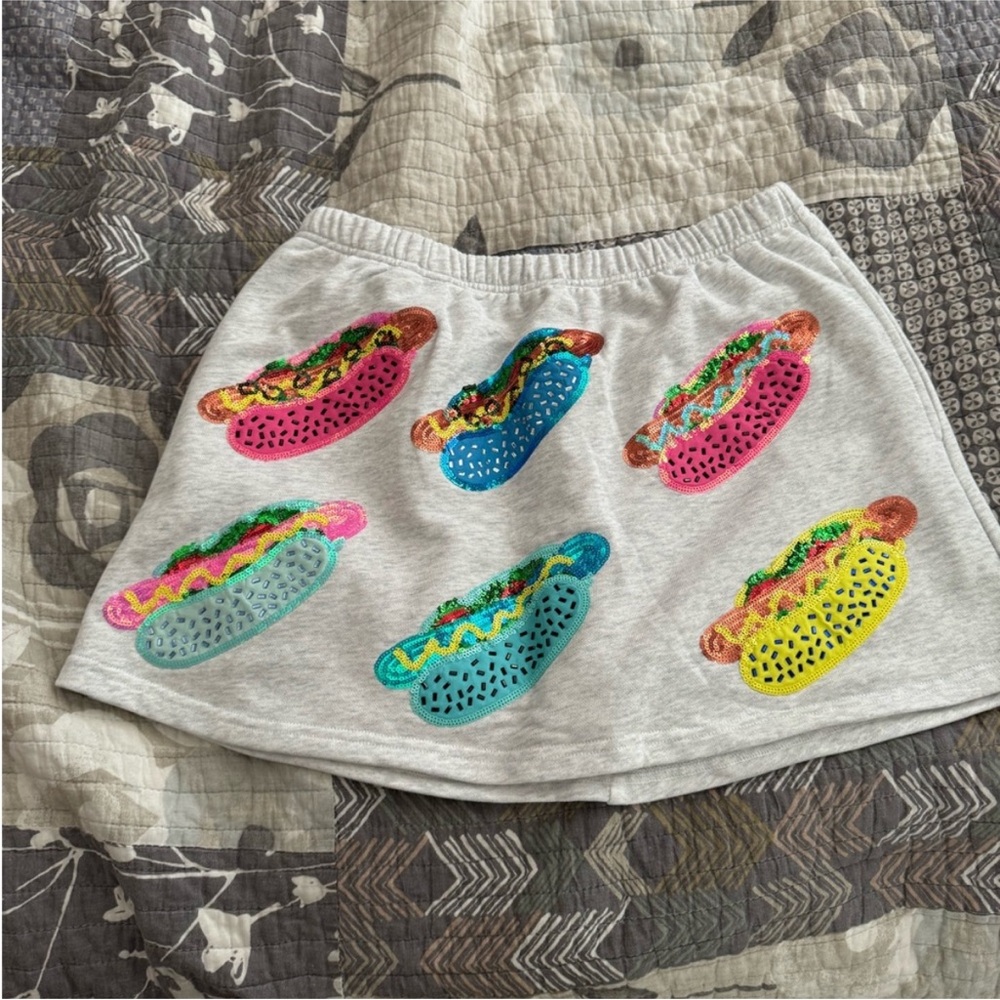 ISO matching top. QUEEN OF SPARKLES Hot Dog Print Skirt in Gray